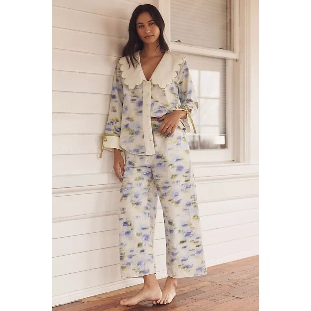 LyreBird by Anthropologie Scallop Collar Top Pant Set Women's Pajamas Large